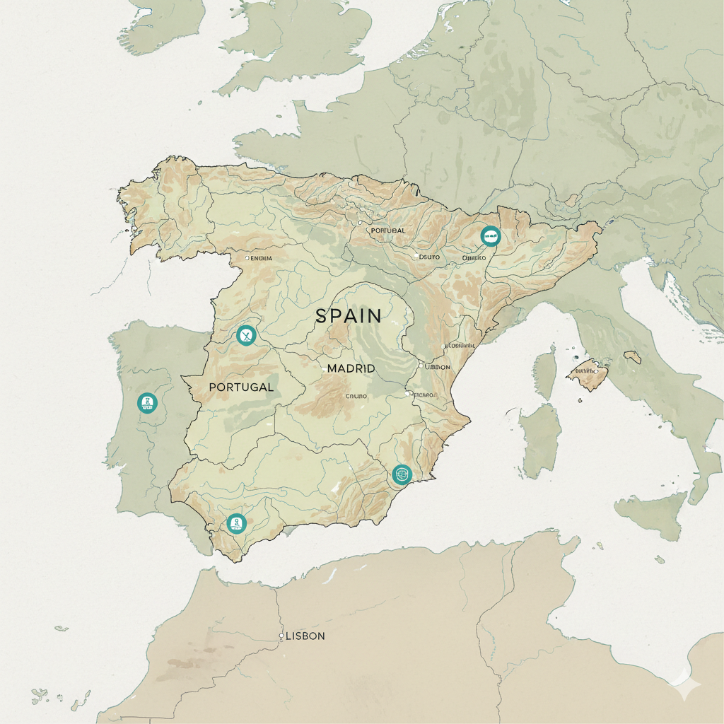 Map showing TerraTrace operating region across Iberian Peninsula with habitat markers