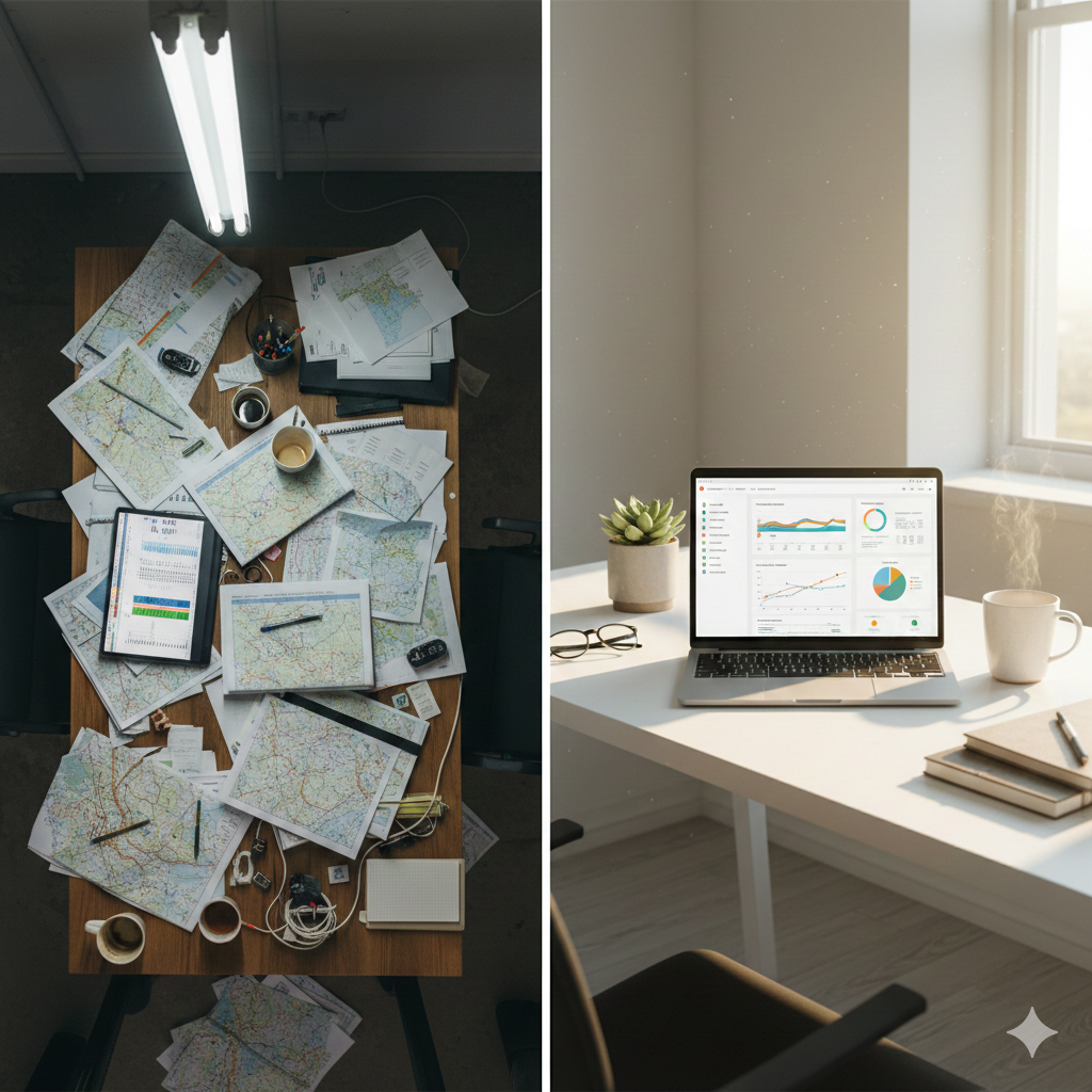 Split image showing logistics complexity versus simple data delivery