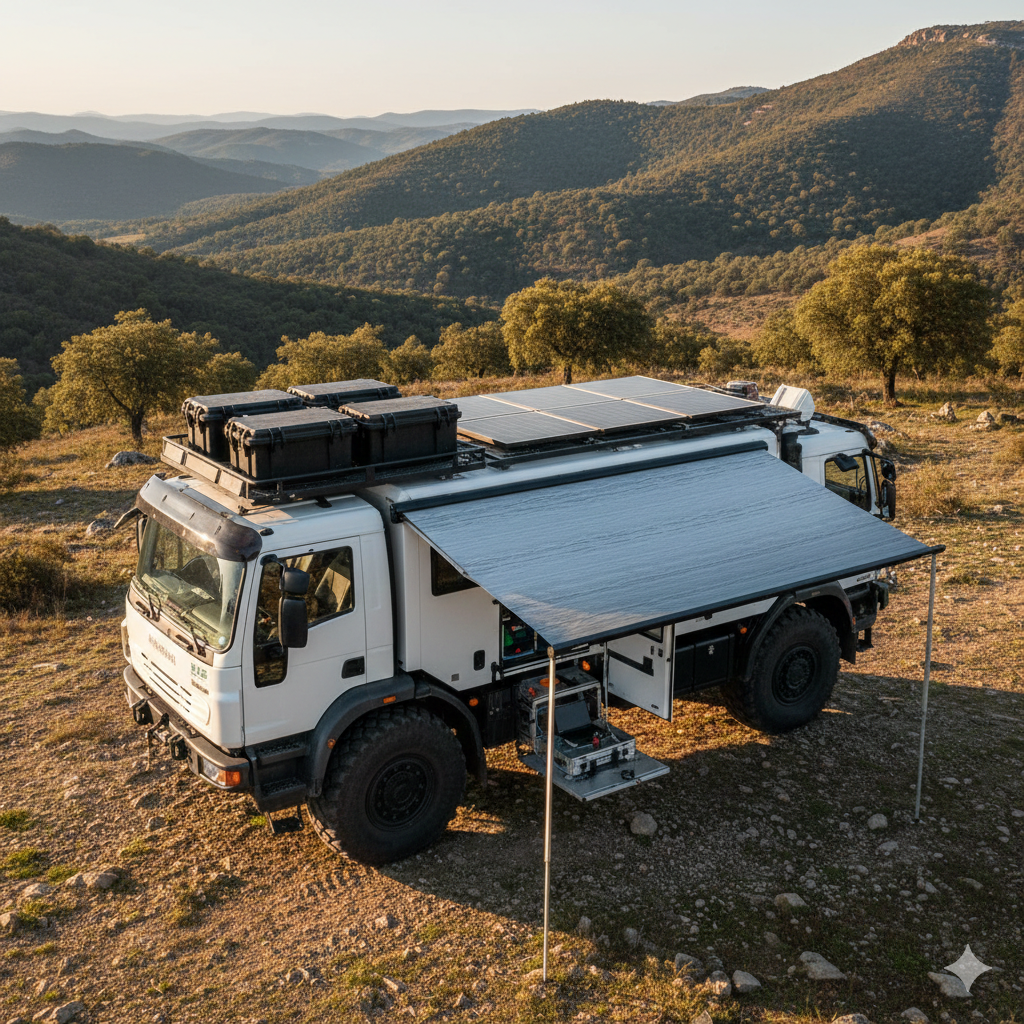 Expedition vehicle mobile lab setup — 4x4 with popup roof, solar panels, and scientific equipment