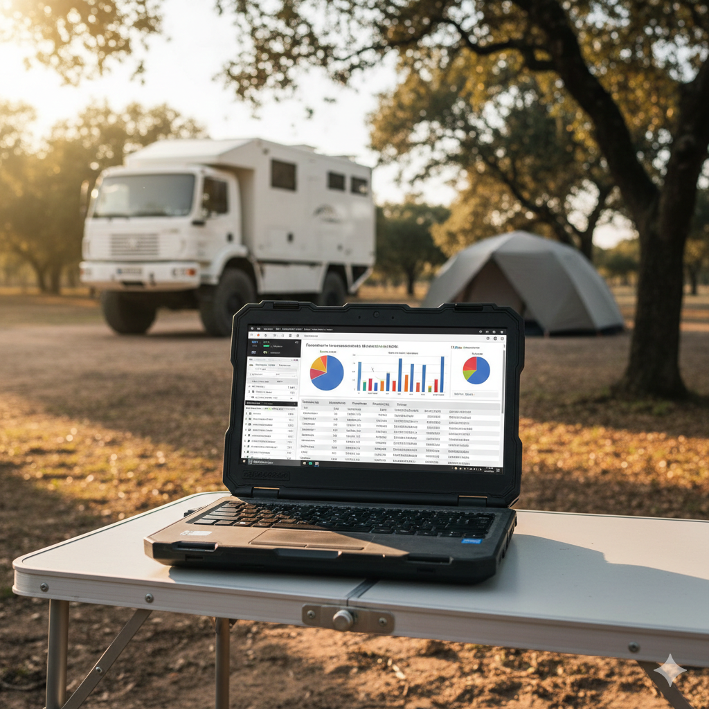 Data analysis dashboard displayed on a rugged laptop in the field