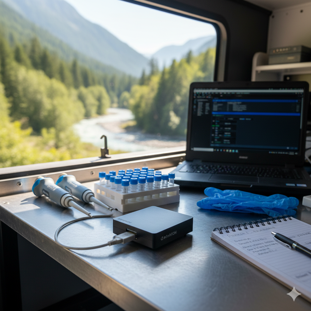 Portable lab equipment — MinION sequencer and pipettes on a field workbench
