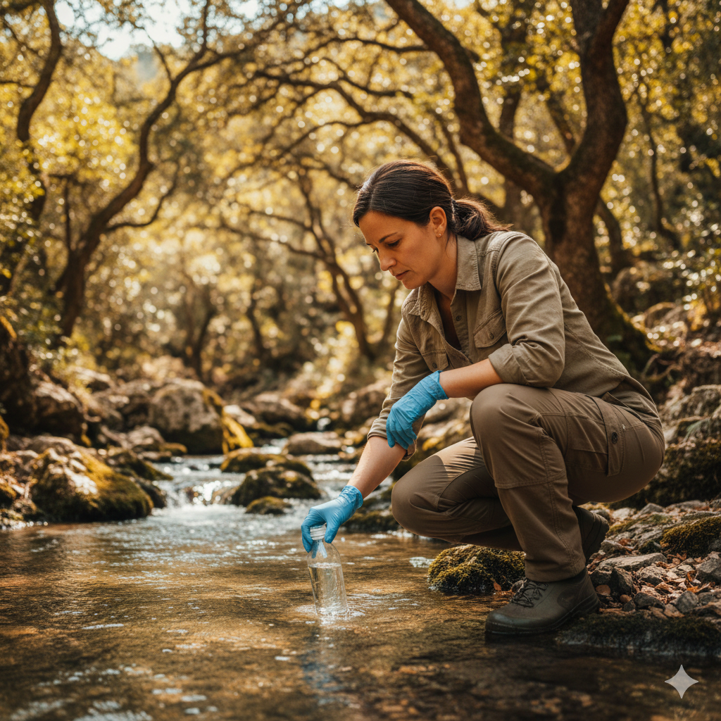 Researcher collecting water samples from a clear mountain stream