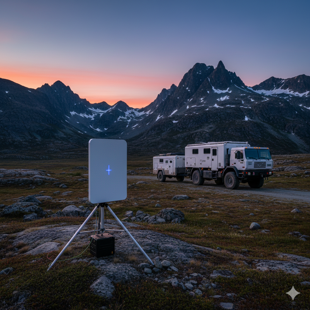 Starlink satellite dish deployed in a remote mountain landscape